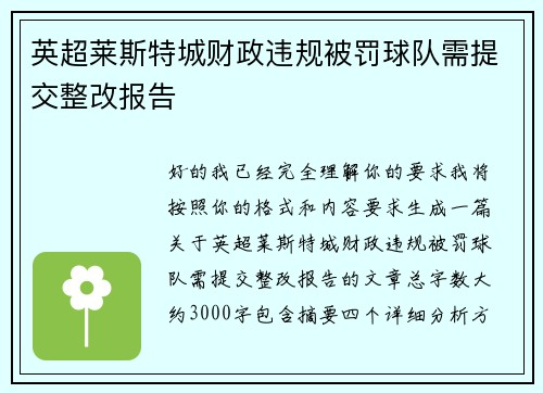 英超莱斯特城财政违规被罚球队需提交整改报告 英超莱斯特城财政违规被罚球队需提交整改报告